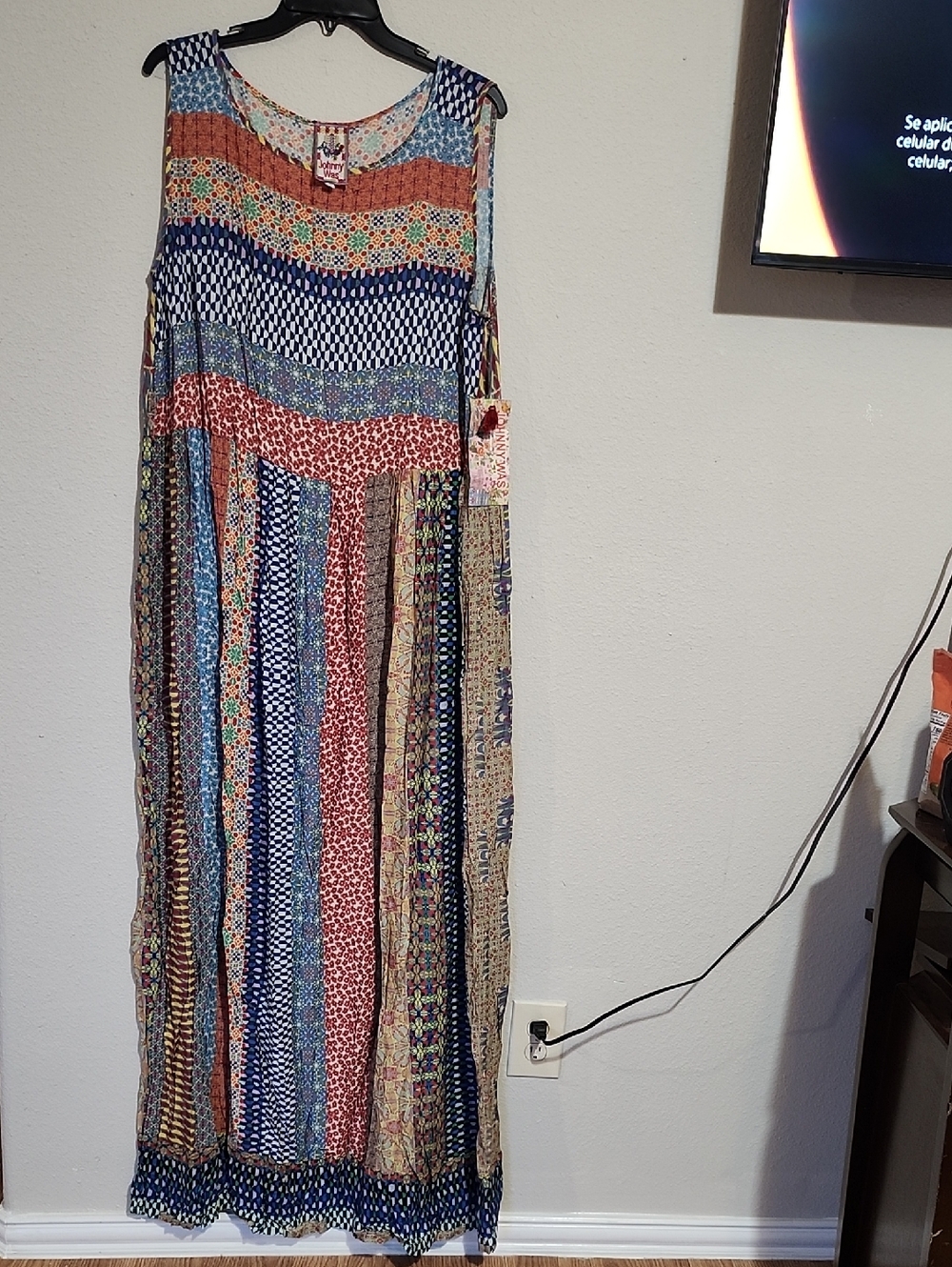 Johnny Was Patchwork Stripe Boho Maxi Dress in Blue, Red, Cream, Tan. Size L